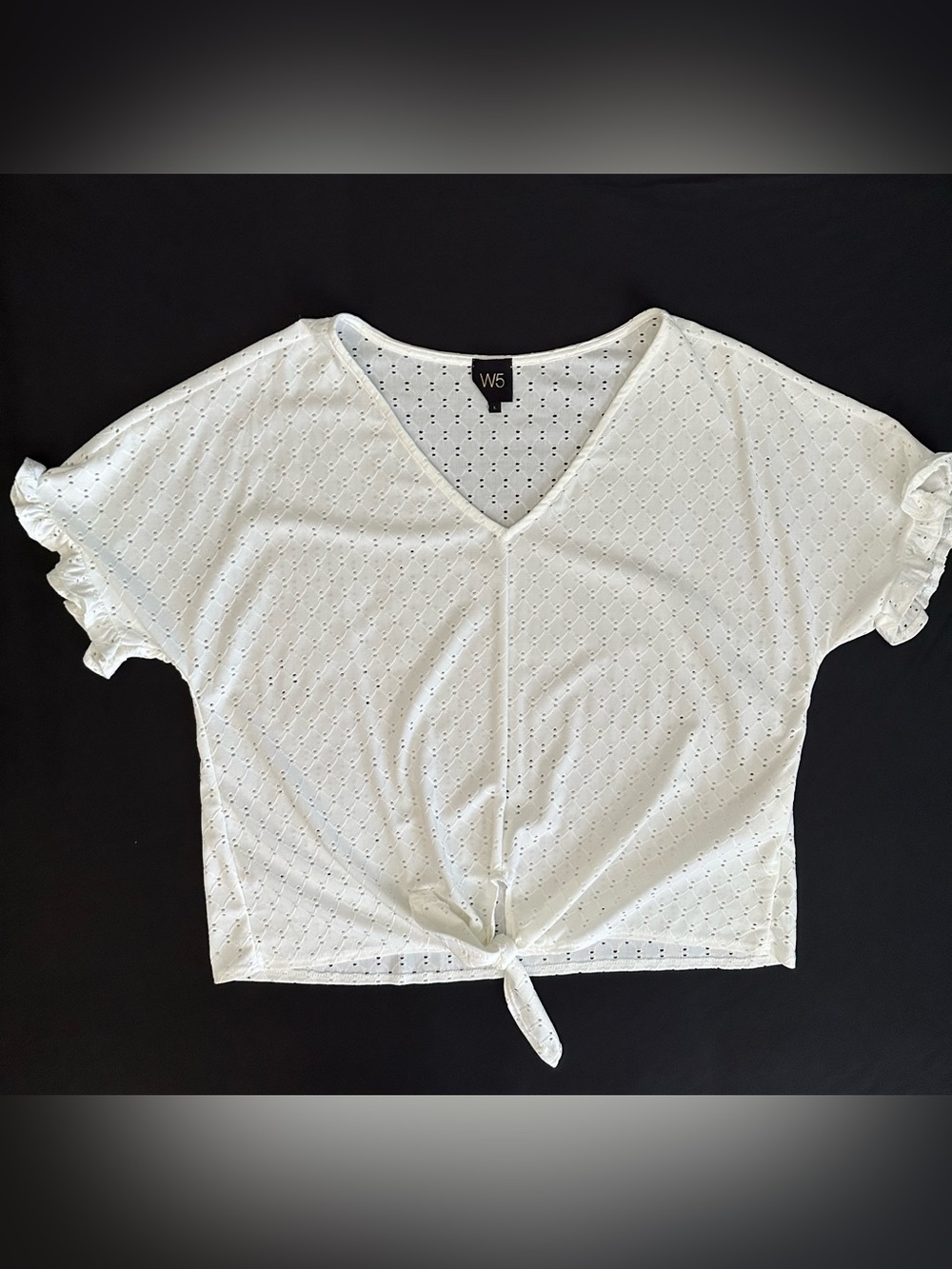 W5 White Eyelet Tie-Front V-Neck Top